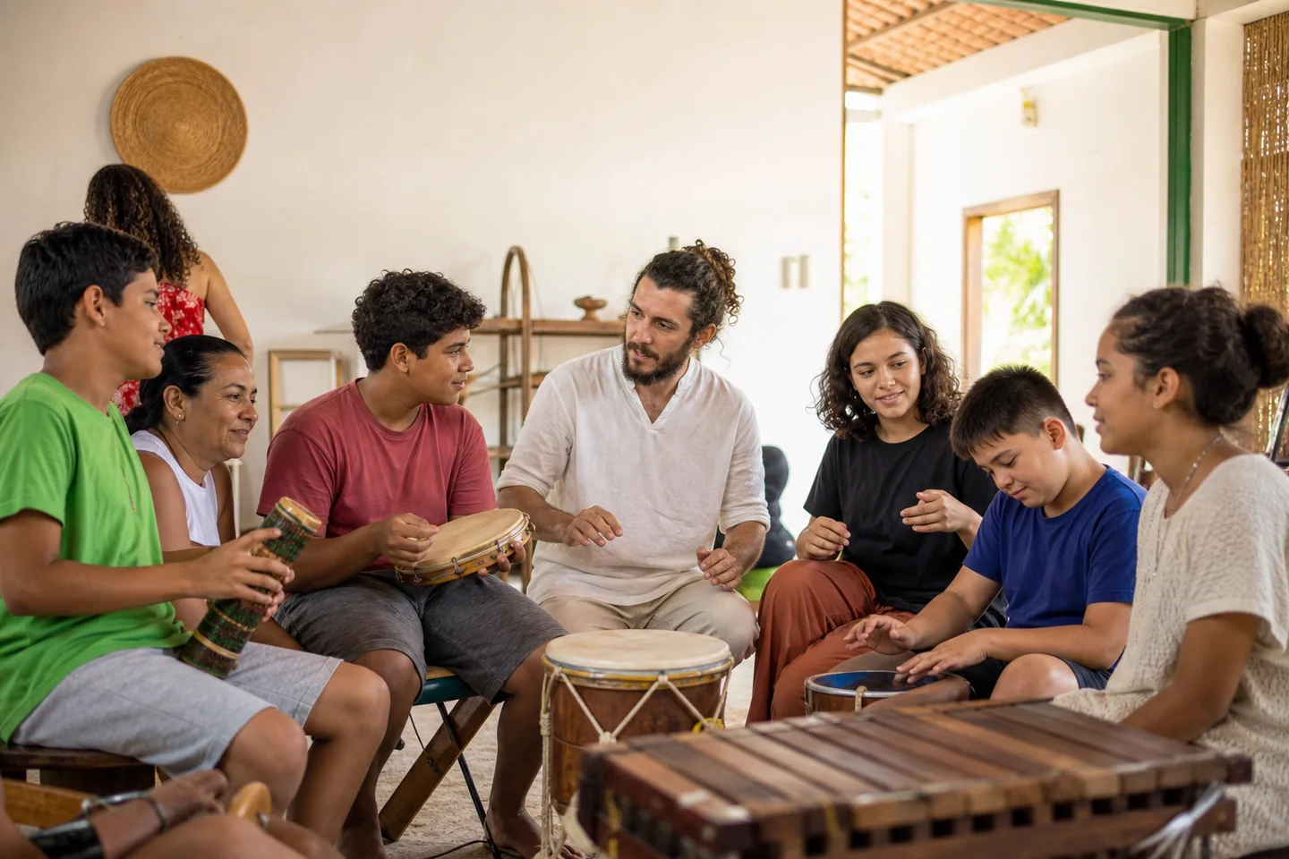 Imagem conceitual de uma oficina musical inclusiva com jovens, familiares e educadores