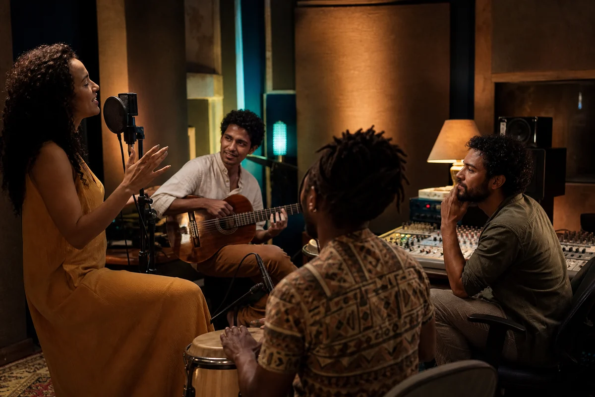 Imagem conceitual de músicos e produtores colaborando em estúdio