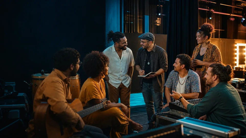 Imagem conceitual de profissionais da música reunidos nos bastidores