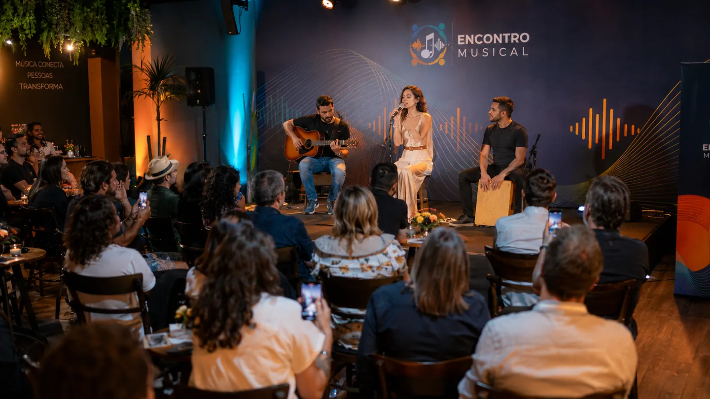 Imagem conceitual de cantora, violonista e percussionista se apresentando no Encontro Musical