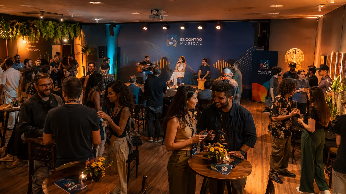 Imagem conceitual de participantes conversando e criando conexões durante o Encontro Musical