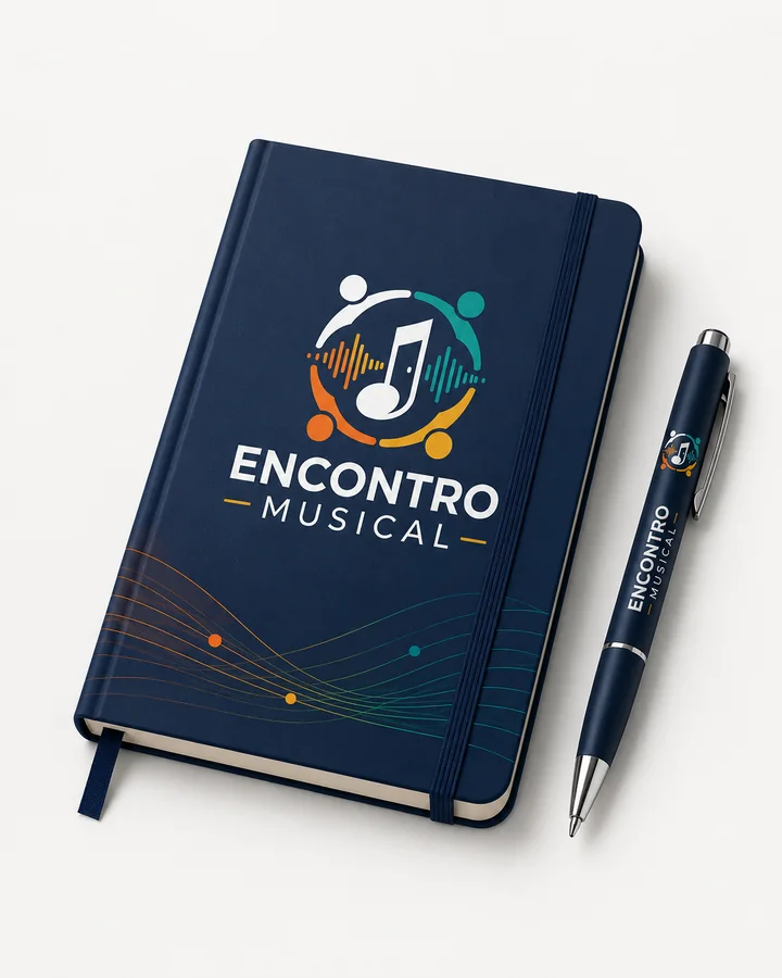 Aplicação conceitual da identidade do Encontro Musical em caderno e caneta
