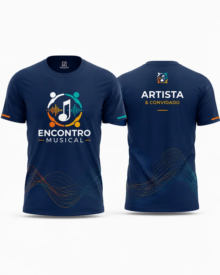 Aplicação conceitual da identidade do Encontro Musical em camiseta de artista e convidado