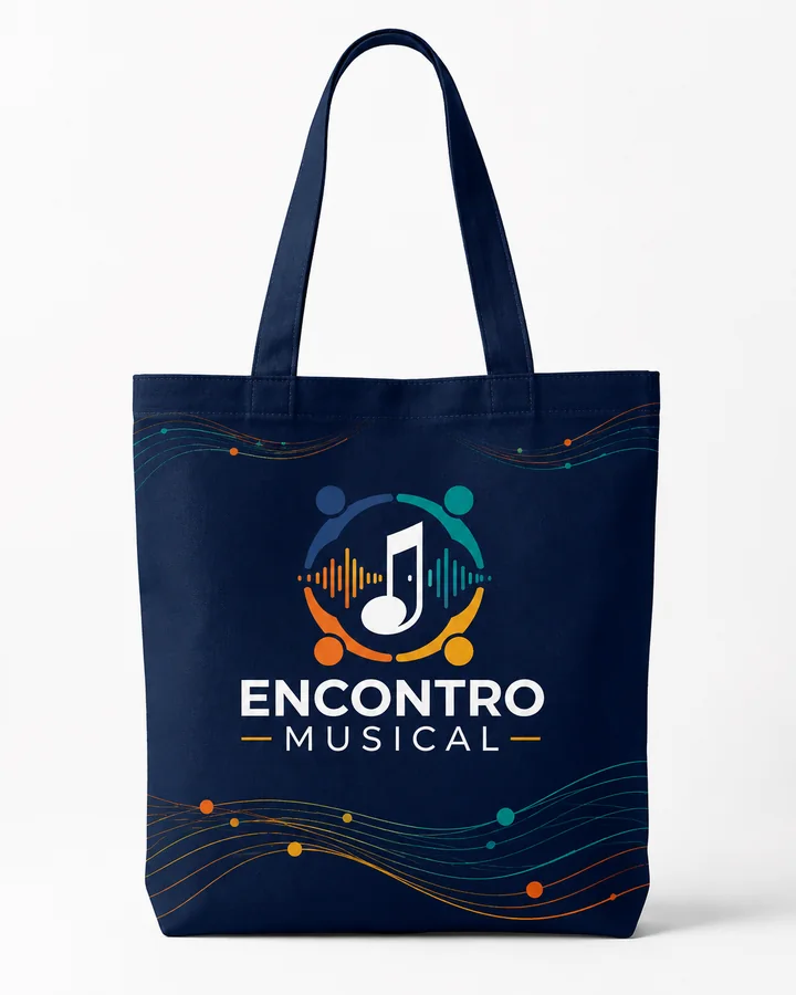 Aplicação conceitual da identidade do Encontro Musical em ecobag azul