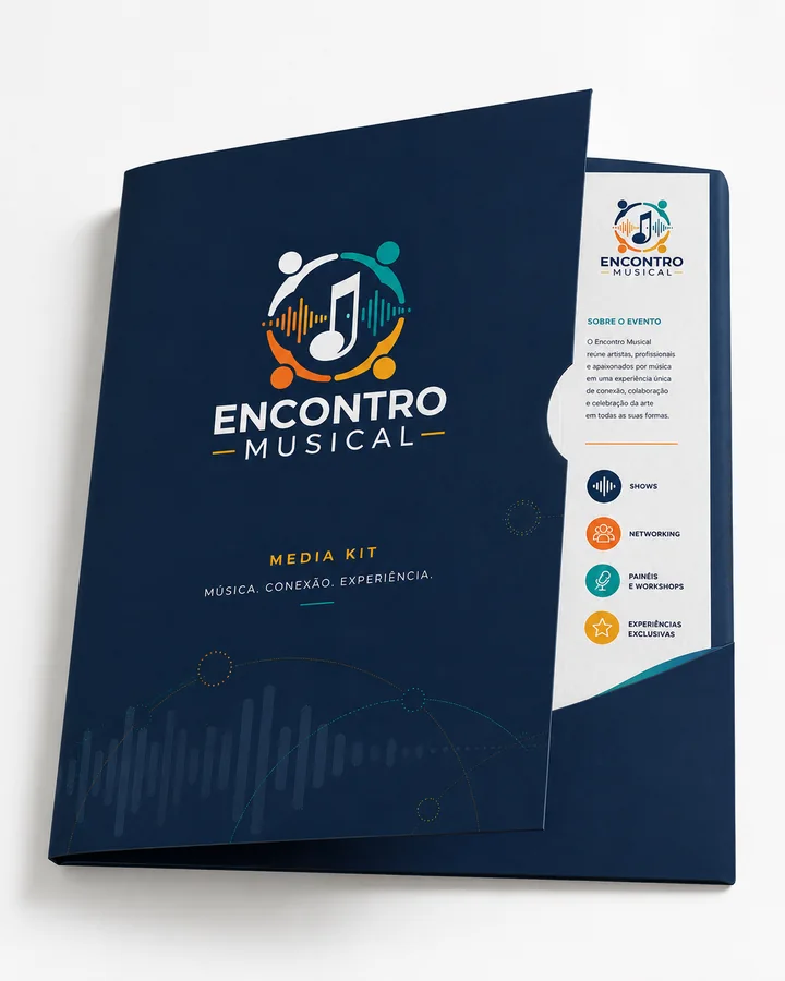 Aplicação conceitual da identidade do Encontro Musical em media kit institucional